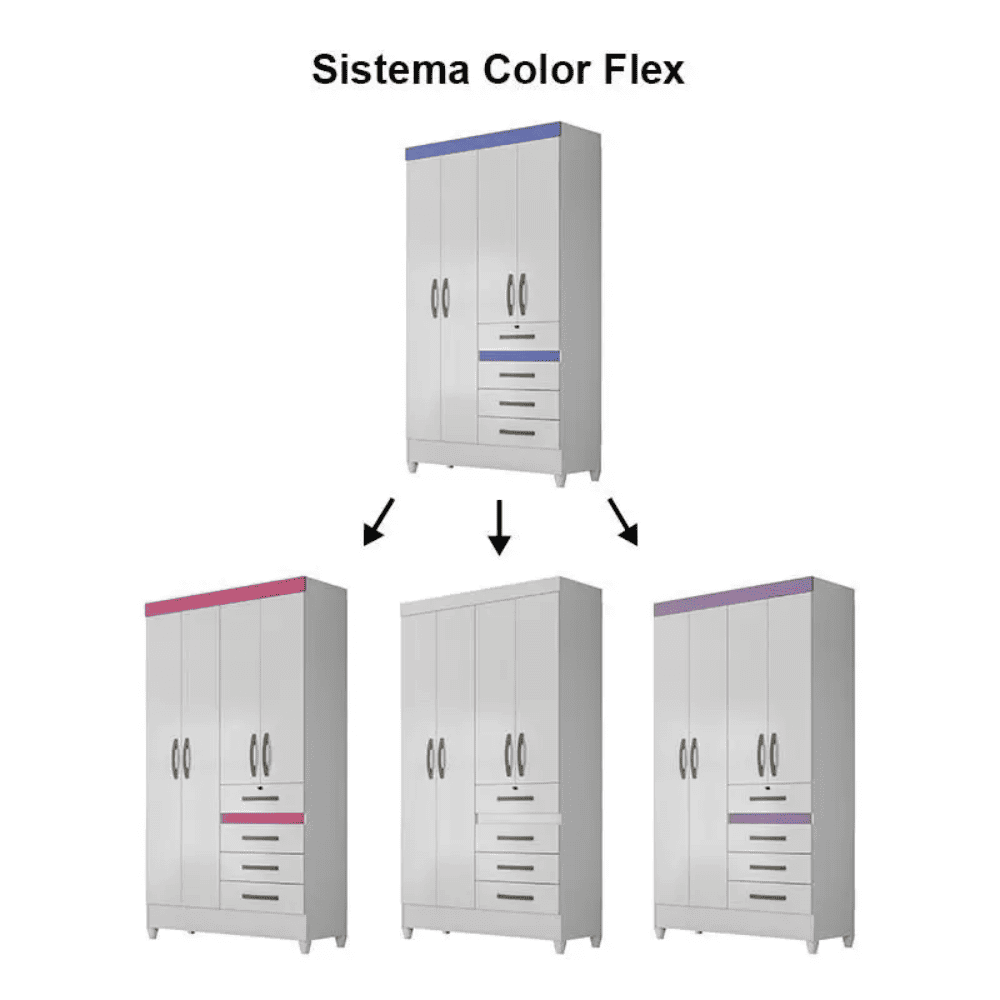 Guarda-Roupa Solteiro 4 Portas 4 Gavetas Branco/Rosa/Azul/Lil&aacute;s Flex Moval Sobral, Branco, large image number 2